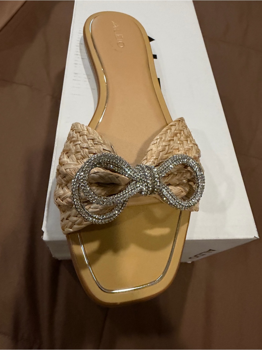 Aldo Natural Raffia Slide with Crystal Bow Accent